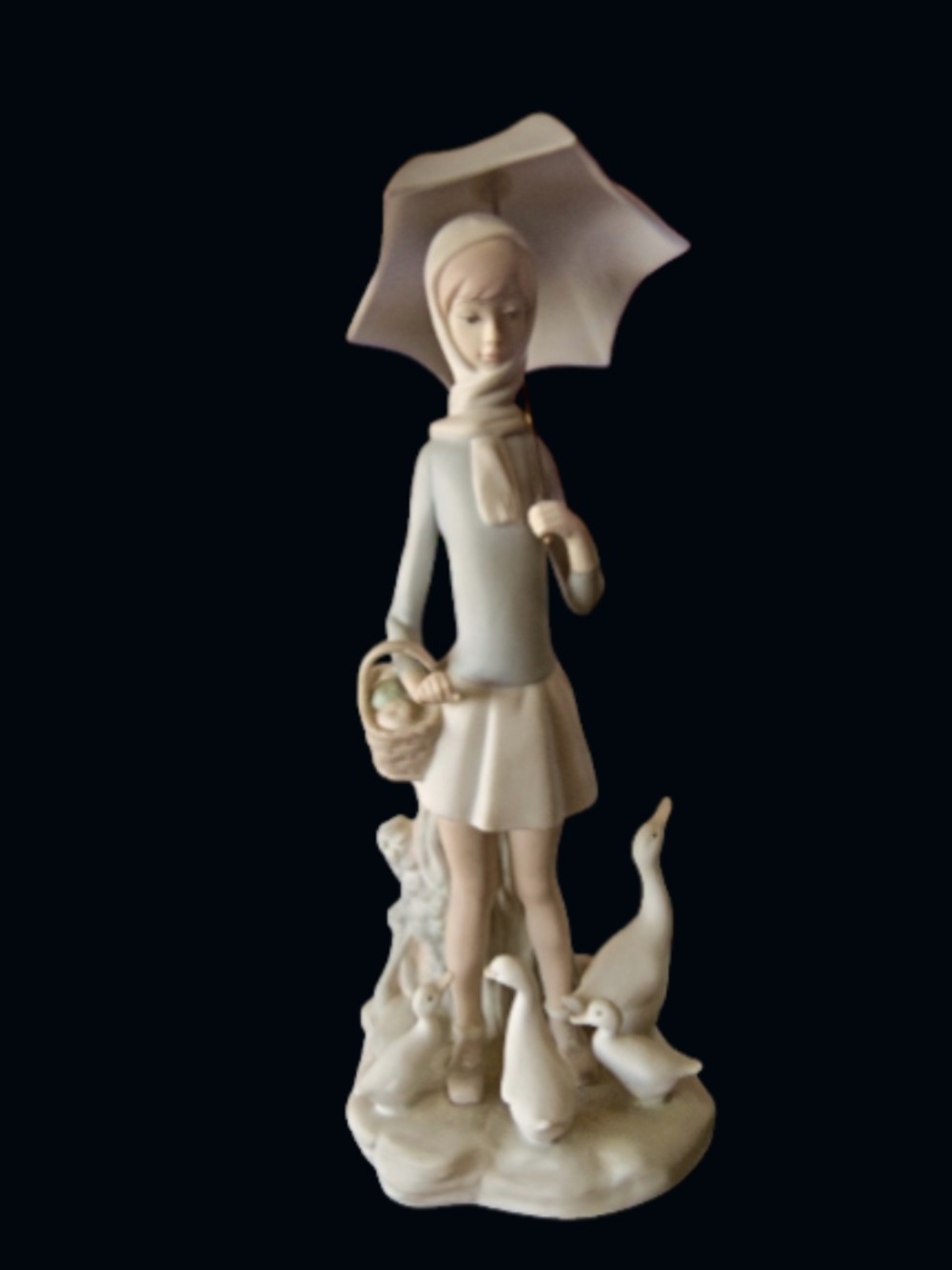 Lladro Figure #4510 Girl with Umbrella feeding Ducks 10 Inches Tall.